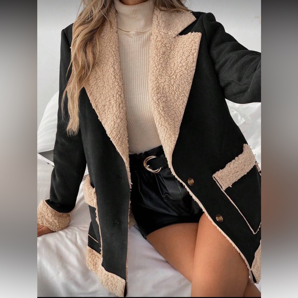 Black Teddy-Trim Coatigan with Cream Sherpa Lining